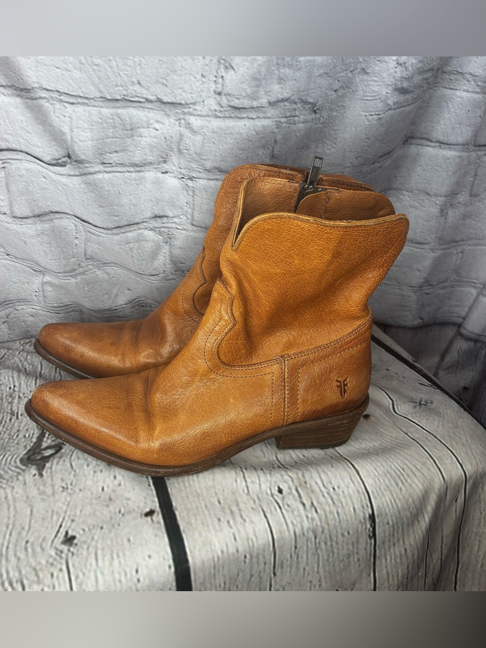 Frye Tan Leather Western Ankle Boots